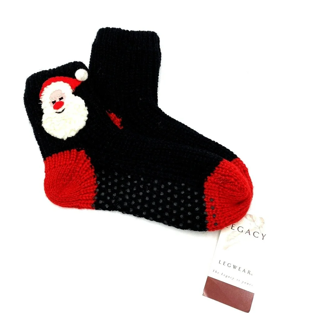 Christmas Santa Slipper Socks Black & Red One Size with Bottom Grips NEW